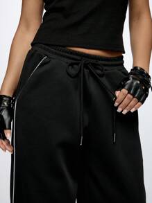 SUMWON WOMEN PerFormance Athletic Track Pants Color Block Design Wide Leg Drawstring WaistbAnd Sporty Streetwear Training Workout Running Athleisure Pants With Side Piping - Black - View 5