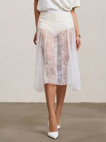SHEIN Unity Mid-Calf Length Solid Color Contrast Lace Stylish Women Skirt - White - View 4