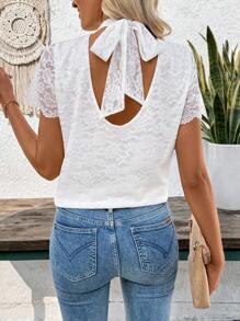 SHEIN LUNE Women's White Elegant Lace Tie-Back Casual T-Shirt - Black - View 1