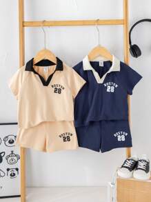 SHEIN Leap Crew 4 件套男婴可爱休闲运动字母印花撞色短袖 Polo 衫和短裤套装，适合夏季 - 彩色 - 查看 7