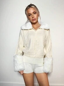 SHEIN ICON Áo len cardigan dài tay viền lông đơn hàng khuy cho nữ, mùa thu/đông - Màu be - Xem 7