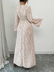 Yasmyna 女士优雅碎花交叉系带喇叭袖阿拉伯风格连衣裙，阿拉伯连衣裙，端庄 - 杏色 - 查看 4