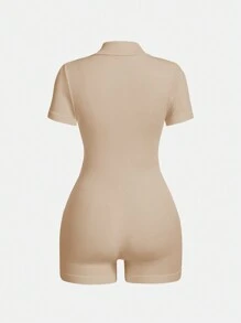 Eassivo Eassivo 女士纯色前拉链短袖修身休闲连体裤