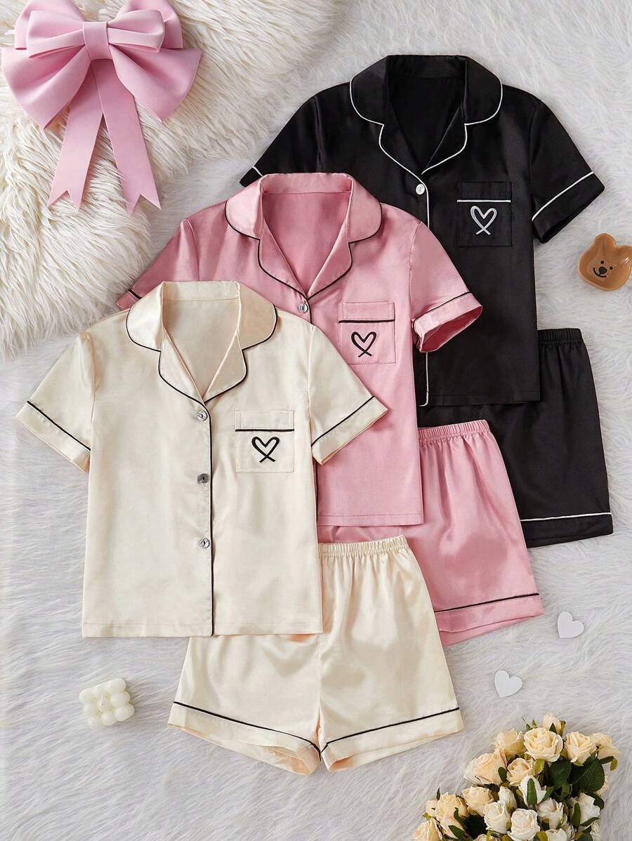 6 piezas Conjunto de pijama de 3 piezas para niñas, cárdigan con bolsillo y bordado de corazón de unicolor, pantalones cortos de manga corta, conjunto casual cómodo para reuniones familiares y uso en interiores, verano - Multicolor - Ver 1