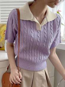 DAZY 女士拼色扭纹针织短袖修身短款上衣，紫色，春夏 - 紫色 - 查看 3