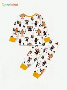 Boys' Casual Cute Robot Print Tight-Fitting Round Neck Long Sleeve Pajama Set, Autumn/Winter