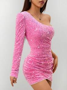 SHEIN PETITE One Shoulder Sequin Bodycon Party Women Dress