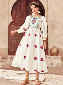 SHEIN Teen Girls Eid Al-Adha Founding Day Ramadan Holiday Dress With Tulle Dress, Viscose Rose & Golden Sequin Trim