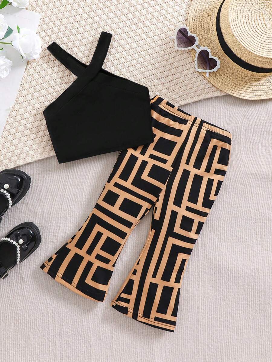 SHEIN Baby Girl Cute Summer Knitted Black Cami & Flared Elastic Waist Pants Set