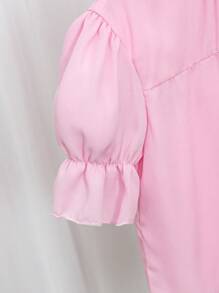 SHEIN Tween Girl Collared Button-Down Shirt With Pleats, A-Line Hem, Lantern Sleeves And Ruffle Accents, Paired With Skirt Or Dress, Suitable For Casual Outings, Home Wear, Parties, Summer (Shirt And Skirt/Dress Sold Separately)