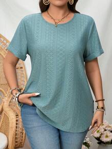 SHEIN LUNE Plus Size Solid Color Round Neck Short Sleeve Casual T-Shirt - Olive Green - View 1