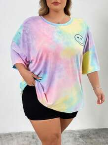 SHEIN CURVE+ Women's Tie Dye Printed Round Neck Short Sleeved T-Shirt In Plus Size For Summer - Multicolor - View 3