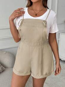 SHEIN LUNE Plus Size Women's Front Tie Pocket Loose Casual Bib Overall Shorts, Spring/Summer