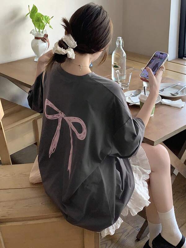 DAZY Women Crewneck Solid Color Bow Print Short Sleeve T-Shirt Oversized T-Shirt,Graphic Tees