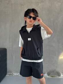 SHEIN 3 件套青少年男孩休闲背心、T 恤和短裤 - 黑色 - 查看 4