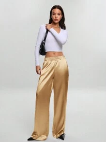 SHEIN Cottnline سروال حريري بخصر عالٍ وساق واسعة، بسيطة وأنيقة للاستخدام اليومي - بيج - مشاهدة 4