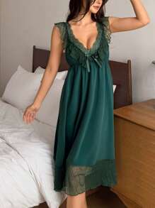 DAZY 夏季浪漫网眼蕾丝拼布荷叶边下摆吊带睡裙、睡衣 - 墨綠色 - 查看 7