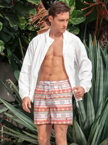 Manfinity Swimmode Pantalones cortos de playa con cintura de cordón y estampado geométrico para hombres