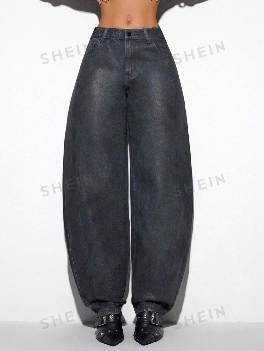SHEIN ICON Pantalones vaqueros casuales de mujer con estilo de pantalones de plátano con revestimiento, bolsillo con botón frontal
