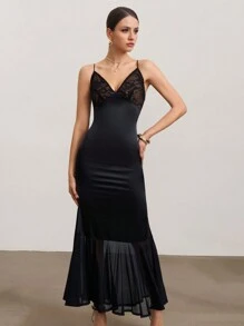 SHEIN Unity Abito elegante a tubino da donna con orlo a sirena e pizzo a contrasto - nero - Visualizzare 4