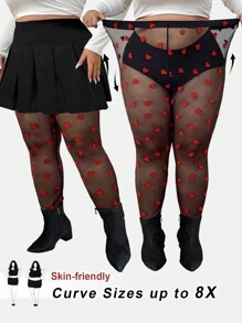 SHEIN CURVE+ Plus Size Women's See Through Heart-Shaped Pattern Tight Leggings, Sexy Valentine's Day Style, Suitable For Dating