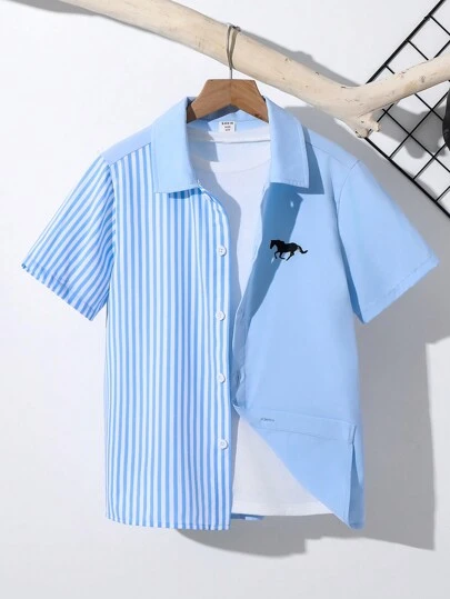 SHEIN 青少年男孩条纹拼布图案 Polo 领短袖衬衫，休闲运动度假派对百搭百搭