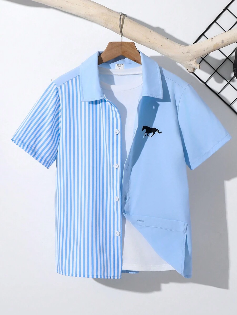 SHEIN Áo sơ mi tay ngắn cổ polo họa tiết kẻ sọc chắp vá cho bé trai tuổi mới lớn, trang phục thể thao giản dị, thích hợp cho tiệc tùng ngày lễ, đa năng, phù hợp mọi phong cách - Màu xanh lam - Xem 1