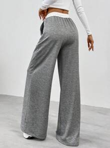 SHEIN Tall Women's Contrast Color Waist Wide Leg Pants - Dark Grey - View 2