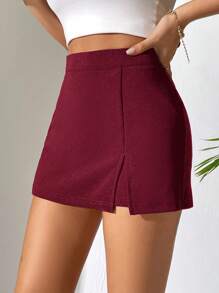 SHEIN PETITE 纯色休闲开叉下摆夏季裙裤 - 酒紅色 - 查看 5