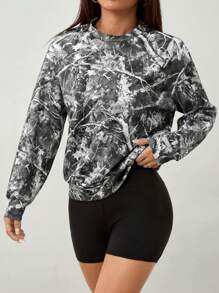 SHEIN PETITE 复古迷彩 Branch Street 休闲简约图案印花圆领宽松长袖女式运动衫 - 黑色 - 查看 3