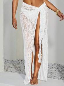 Opulessa Women  White Solid Color Knit Swimsuit With Knotted Waist Coverup & Mini Skirt For Summer Beach Vacation, Sarong, Elegant Style For Women,For Autumn And Winter