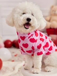 PETSIN 1pc Valentine's Day Dog T-Shirt, Pink With Red Heart Print, Stretchy High Neck, Comfortable Casual Pet Clothing - Multicolor - View 8