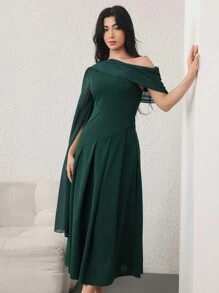 Modelyn Đầm dài tay màu xanh lá cây bất đối xứng lưới chắp vá thanh lịch cho nữ Đầm dạ hội dài - Màu xanh lá cây đậm - Xem 7