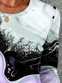 INAWLY 时尚大理石印花长袖T恤，秋季 - 彩色 - 查看 3