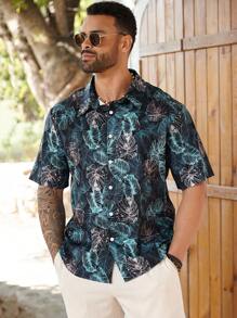 ResortEase Plus Size Men's Botanical Print Short Sleeve Shirt
