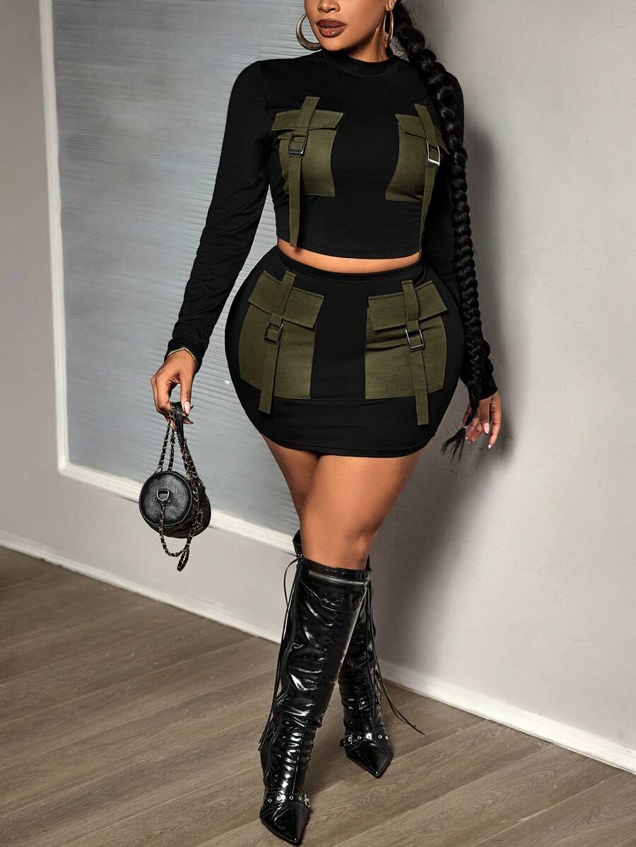 Slaydiva 2pcs/Set Plus Size Women Street Style Multi-Pocket Long Sleeve Top And Bodycon Midi Skirt Set