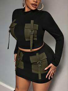 Slaydiva 2pcs/Set Plus Size Women Street Style Multi-Pocket Long Sleeve Top And Bodycon Midi Skirt Set