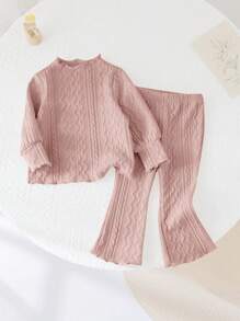 SHEIN Baby Girl Apricot Wave Hem Long Sleeve Top And Elastic Waist Flared Pants Set, Autumn/Winter - Pink - View 4