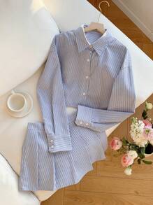 Comfortcana 2pcs Women Set: Front Button Long Sleeve Striped Blouse & Skirt - Blue - View 3
