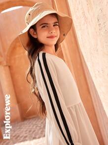 SHEIN Casual Striped Splicing Dress With Front Badge, Suitable For Valentine's Day Theme And Daily Outings. - Khaki - View 6