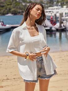 SHEIN VCAY 度假休闲纯色短袖衬衫 - 白色 - 查看 6