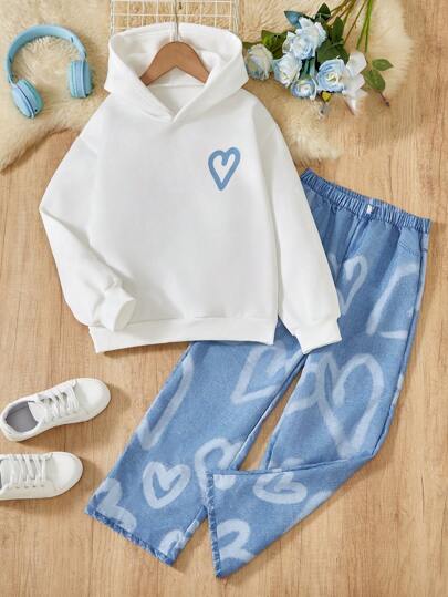 2 件套 Tween Girl 休闲心形印花运动衫和阔腿裤套装，适合秋冬季穿着，适合上学和外出