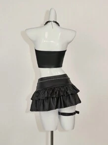 SHEIN ICON Top bandeau simple en PU couleur unie pour femmes, style Y2K, pour fêtes de vacances et Nouvel An, bordeaux - Noir - Voir 8