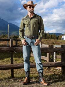 Manfinity Nomadique 正面纽扣口袋拼布长袖休闲衬衫