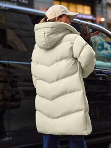 SHEIN Cottnline Zip Up Long Padded Coat With Hoodie Keeping Warm - Beige - View 2