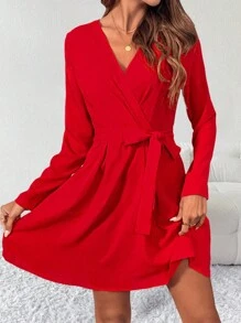 SHEIN Clasi 女士纯色裹身领带优雅简约时尚优雅连衣裙，春秋季新年衣服