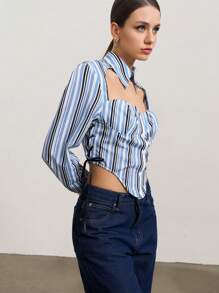 SHEIN Unity 女士秋季时尚条纹镂空不对称下摆衬衫