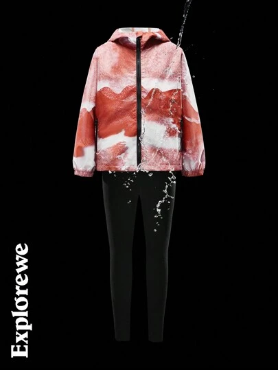 SHEIN Completo casual da ragazza pre-adolescente in 2 pezzi, giacca con cappuccio impermeabile e pantaloni con stampa di lettere e montagne