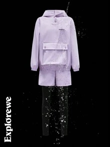 SHEIN Bộ 2 áo dài tay in chữ có túi và quần short cho bé gái lớn tuổi, tối giản và sáng bóng - Màu tím - Xem 1