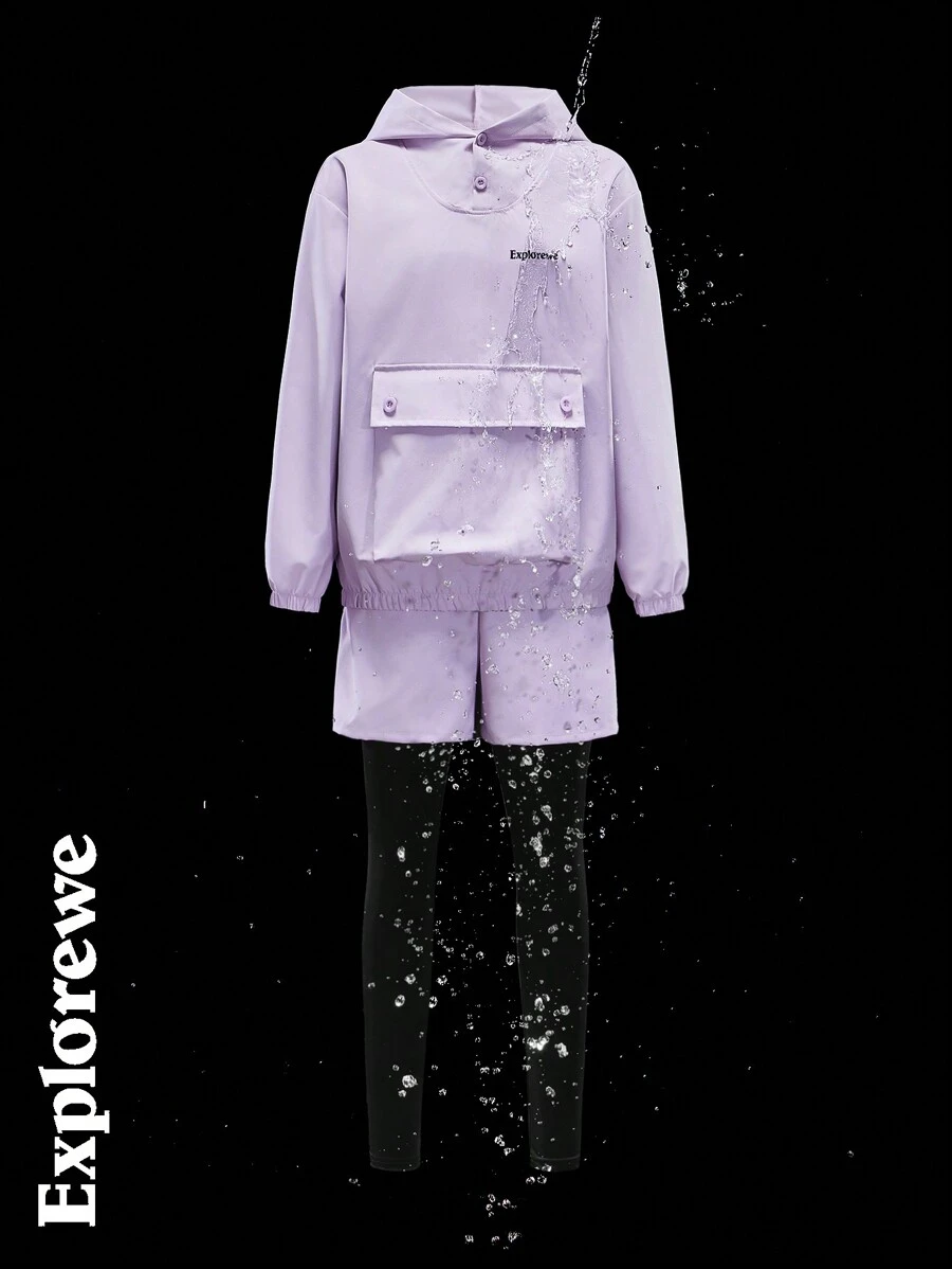 SHEIN Bộ 2 áo dài tay in chữ có túi và quần short cho bé gái lớn tuổi, tối giản và sáng bóng - Màu tím - Xem 1